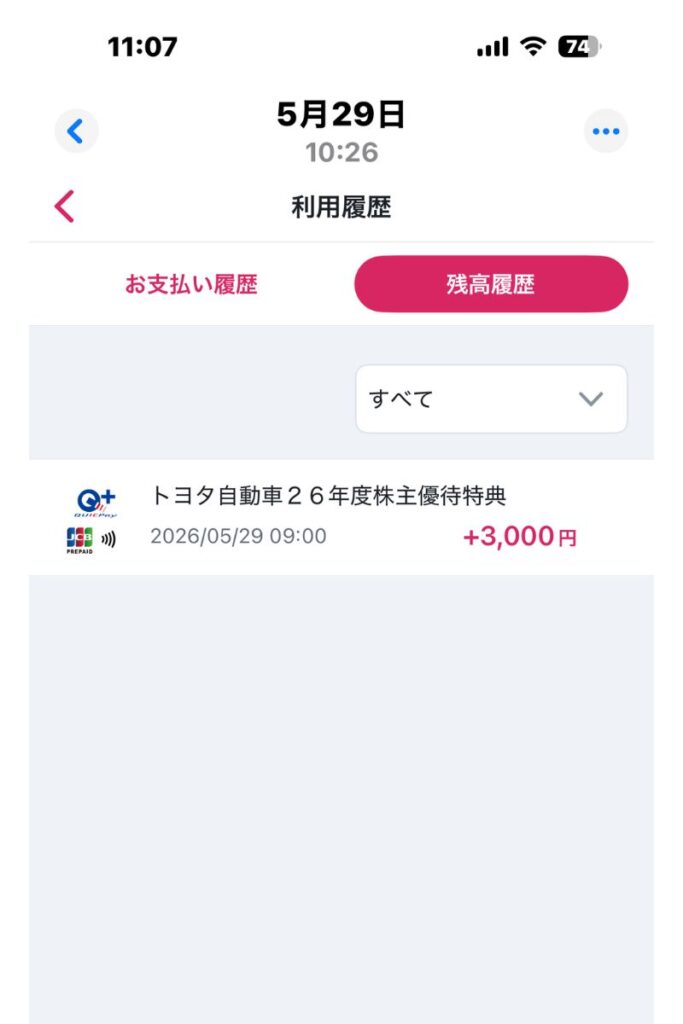TOYOTA Walletへ優待が入金された画面