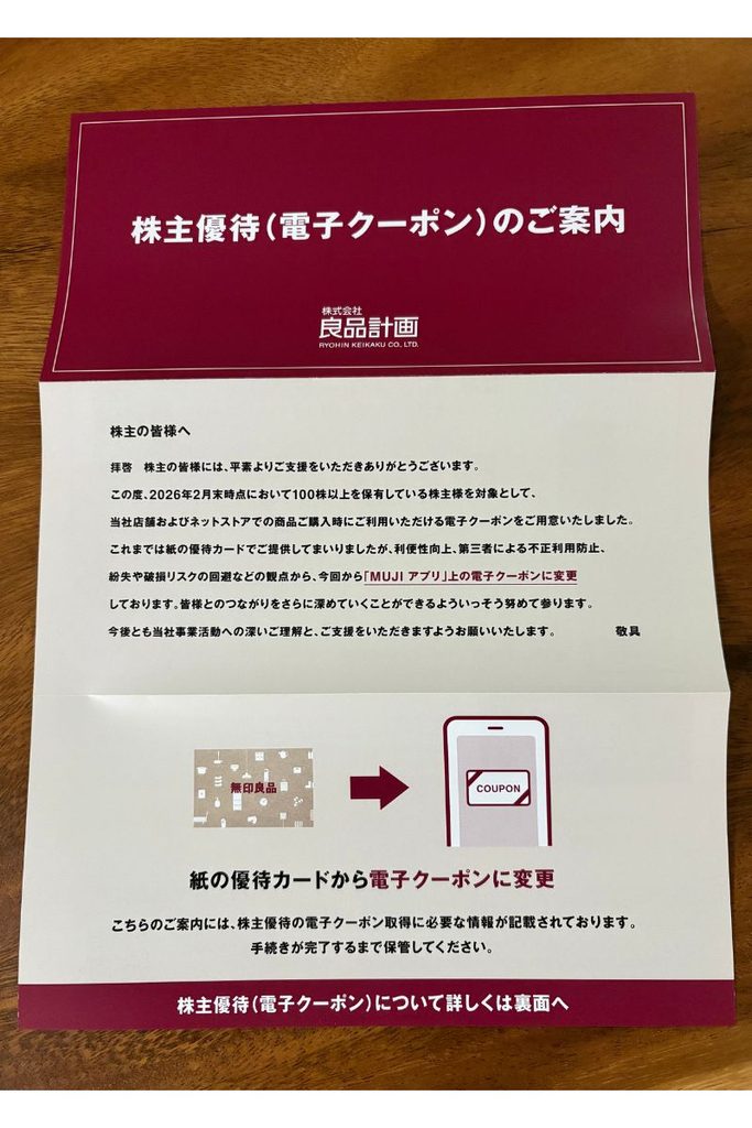 良品計画の株主優待　無印良品で使える電子クーポンの案内2026
